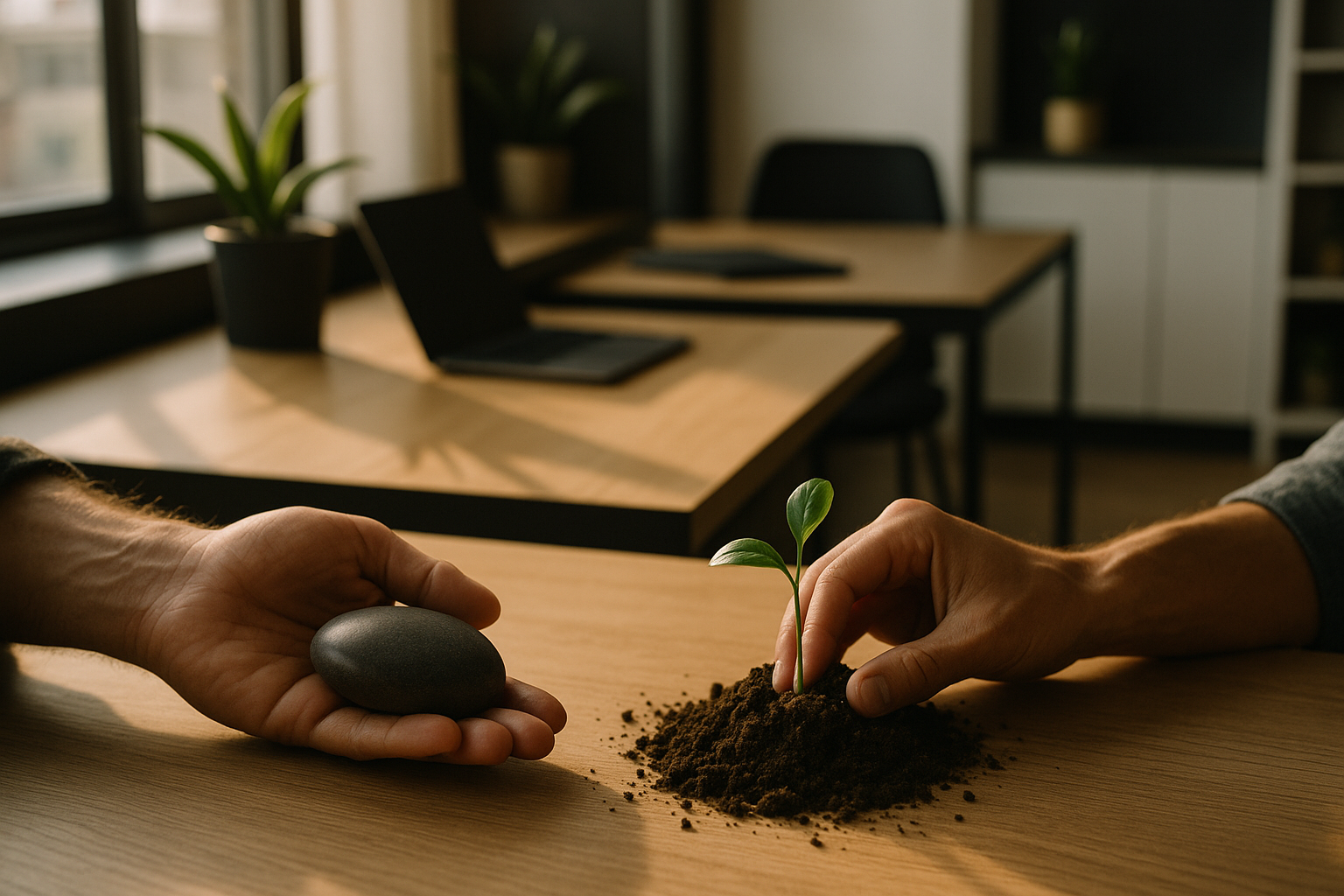 Two hands, one planting a seedling, the other holding a smooth stone in a modern loft.