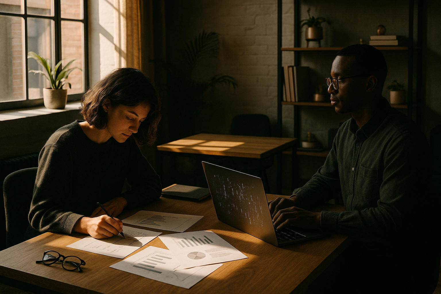 Two people analyze handwritten notes and digital data on laptop in modern co-working loft.