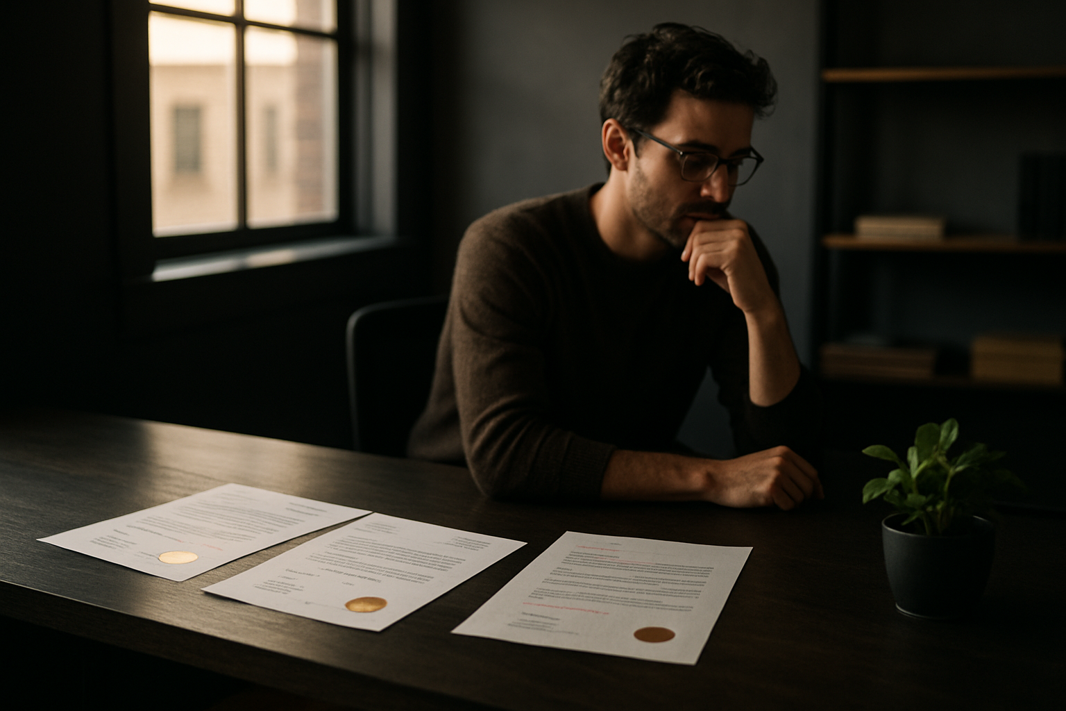 Candid co-working loft scene with documents, green plant, blurred figure, warm natural light.
