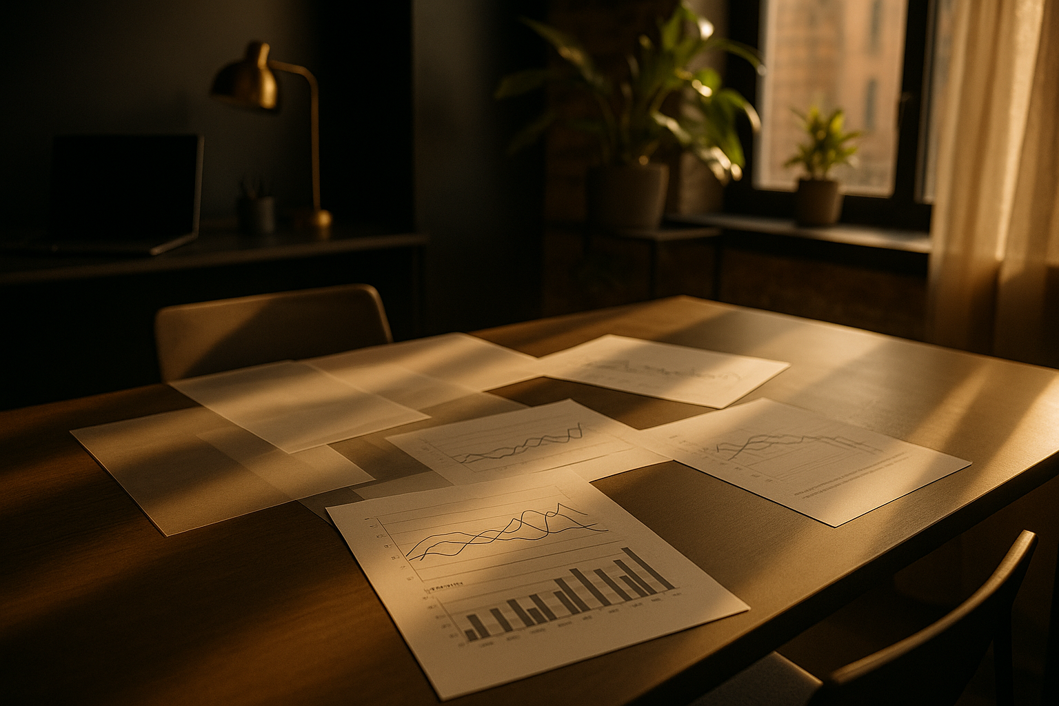 Candid co-working loft with layered paper, financial graphs, wooden desk, warm light, and plants