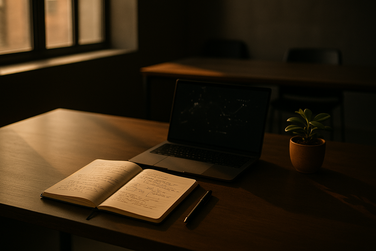 Candid co-working loft with notebook, laptop, plant, illuminated by warm late-afternoon light