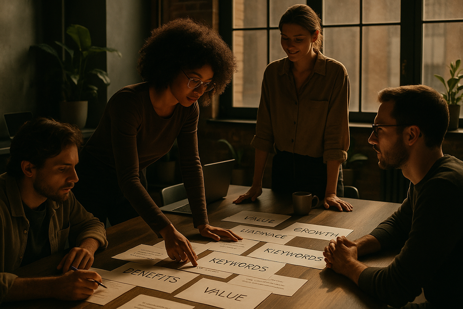Candid co-working loft with people collaborating over papers in warm, natural light.