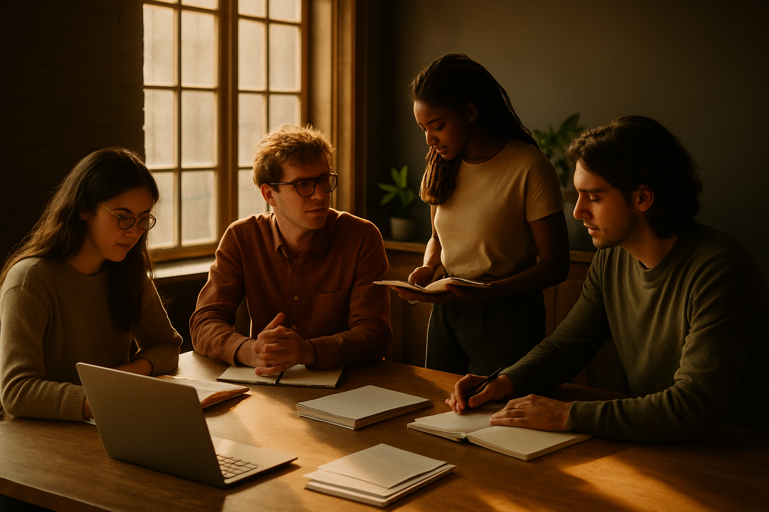 Candid co-working loft with people working, notebooks, laptop, and natural warm lighting.