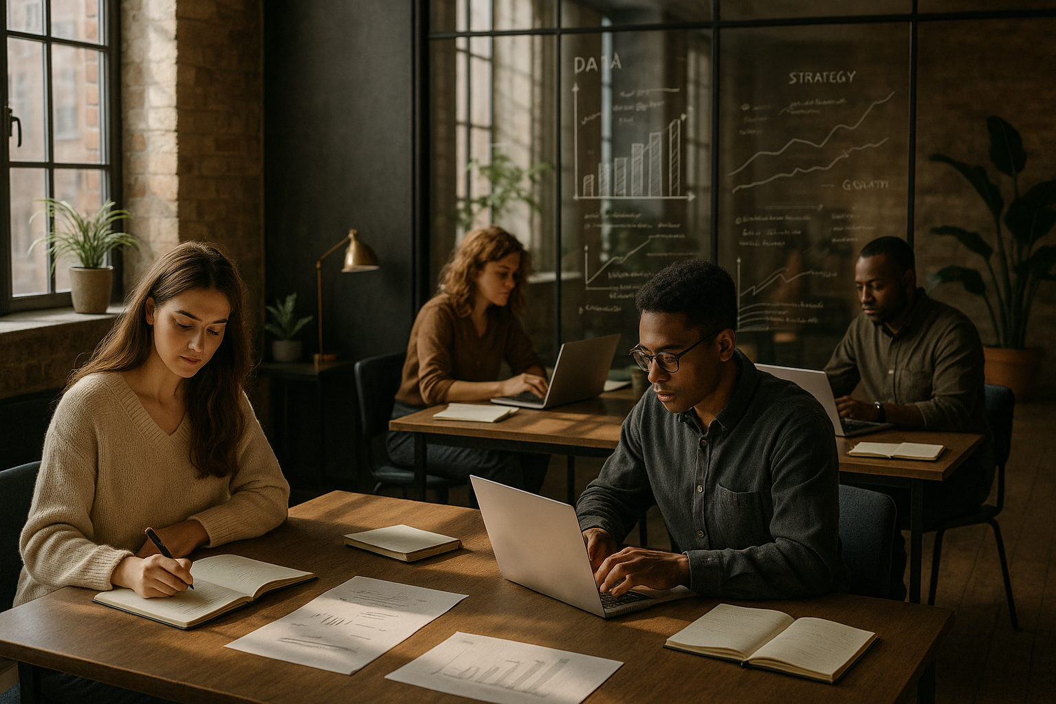 Candid co-working loft with people working on notebooks and laptops in warm, natural light.