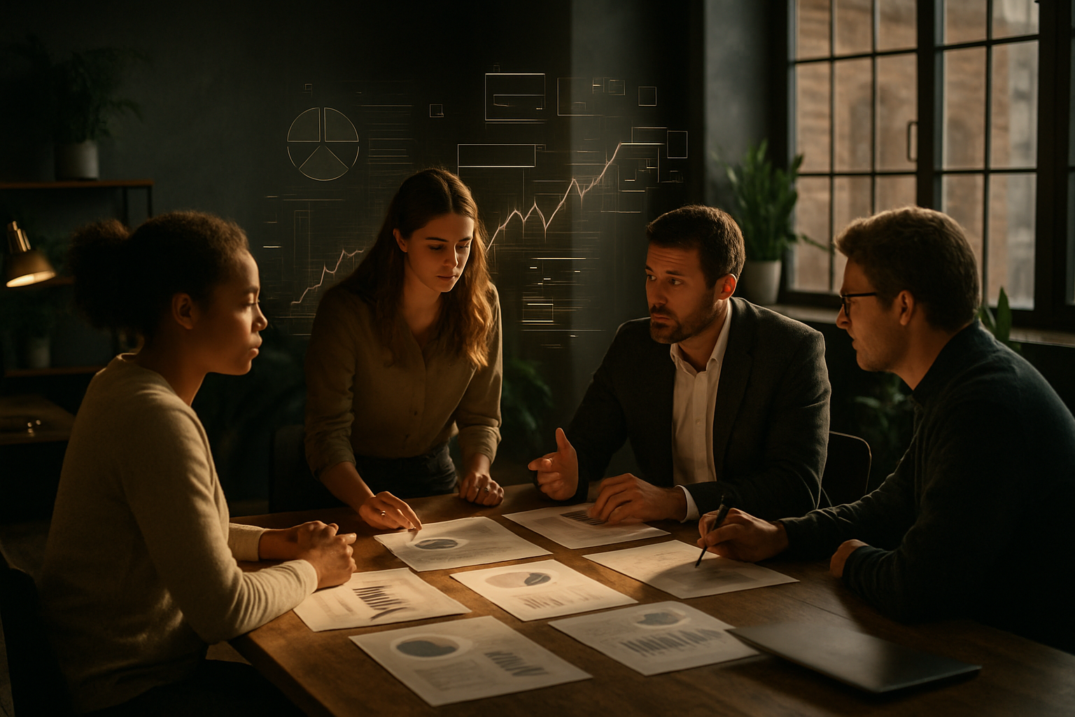 Candid co-working loft with professionals discussing data and digital interfaces in warm, natural light.