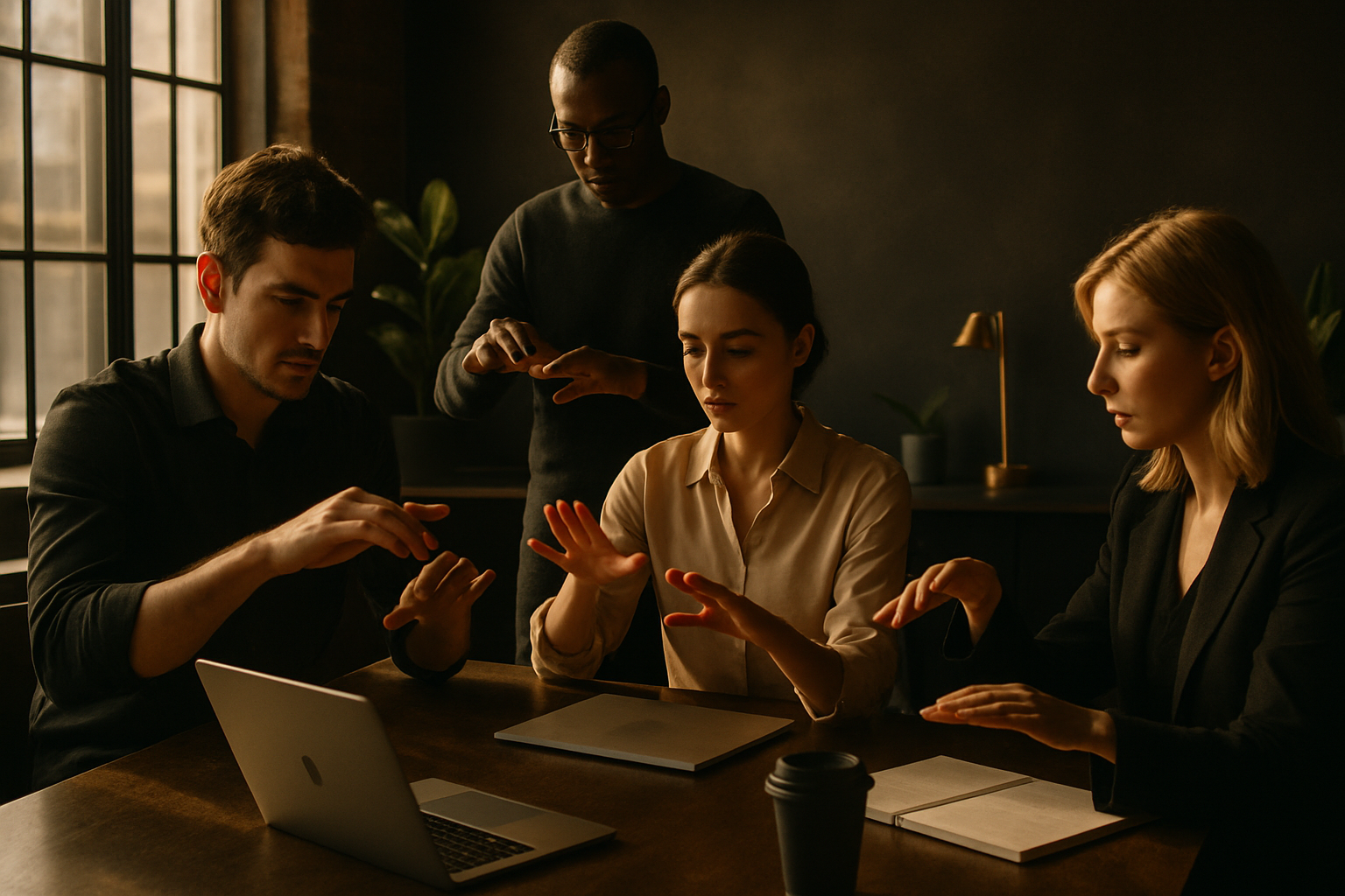 Candid co-working scene with focused figures in warm, modern loft environment featuring plants and gold accents.
