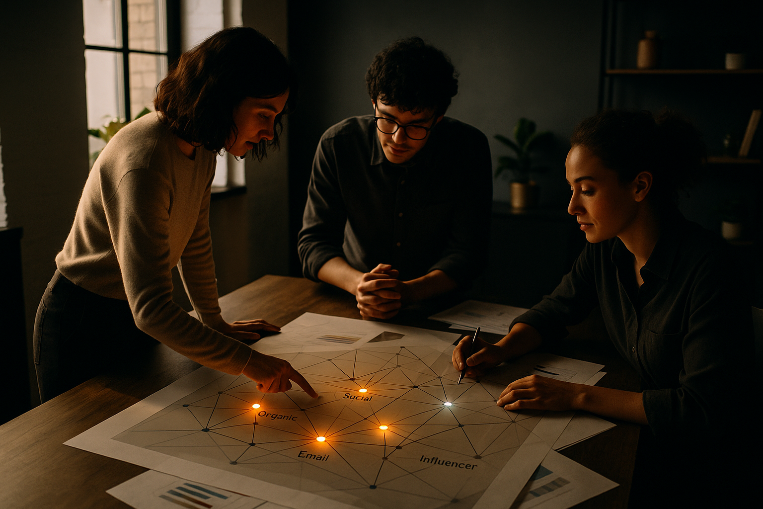 Candid collaboration in a modern loft with graphs, colorful threads, and data nodes.