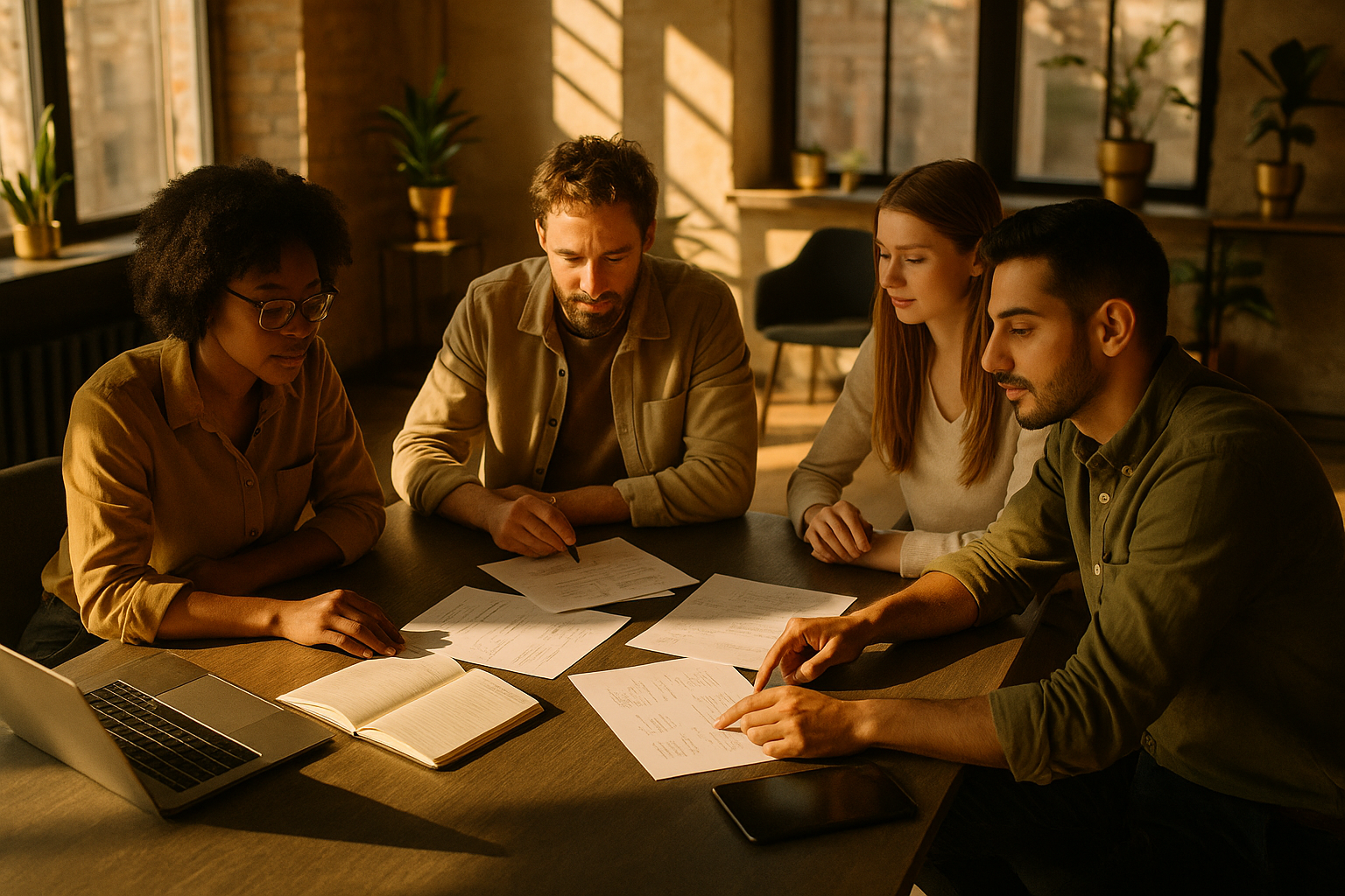 Candid group collaborating in a modern loft with natural light, papers, notebooks, and tech devices.