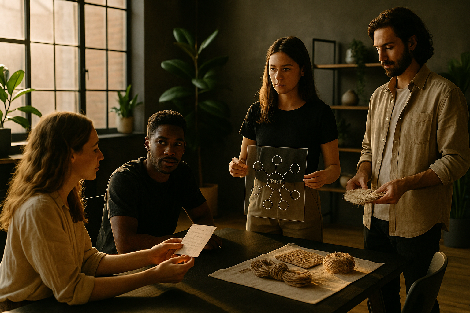 Candid group collaborating with notes, trust map, and raw materials in a modern loft setting.