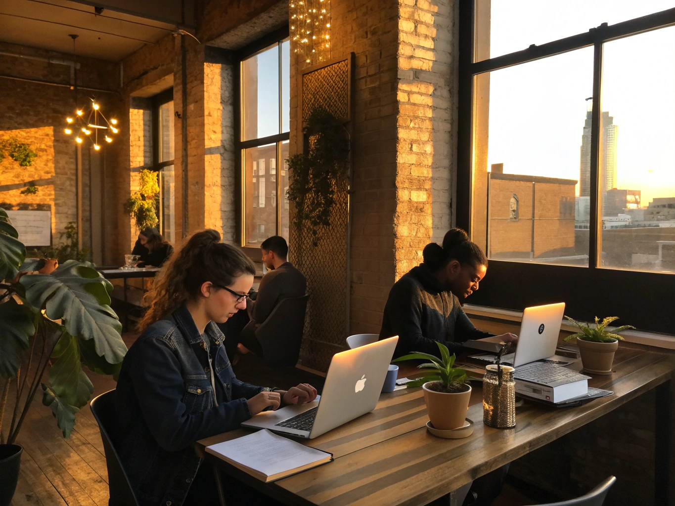 Candid group of professionals collaborating in a modern loft workspace with laptops and plants.