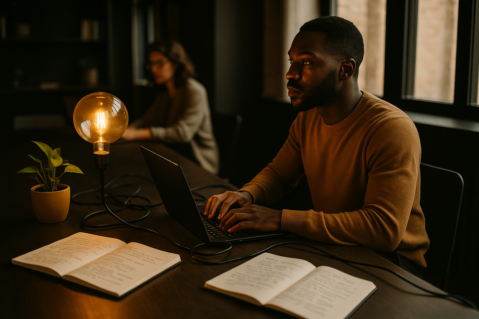 Candid group portrait in a modern loft with notebooks, lamp, cables, and plant highlighting collaboration.