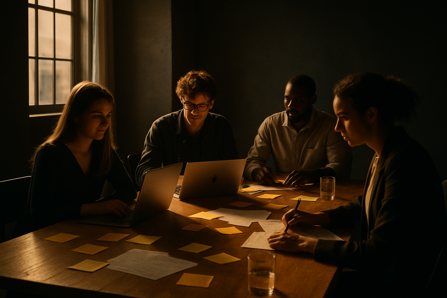 Candid group working at sleek table in modern loft with warm lighting, notes, and gold accents.