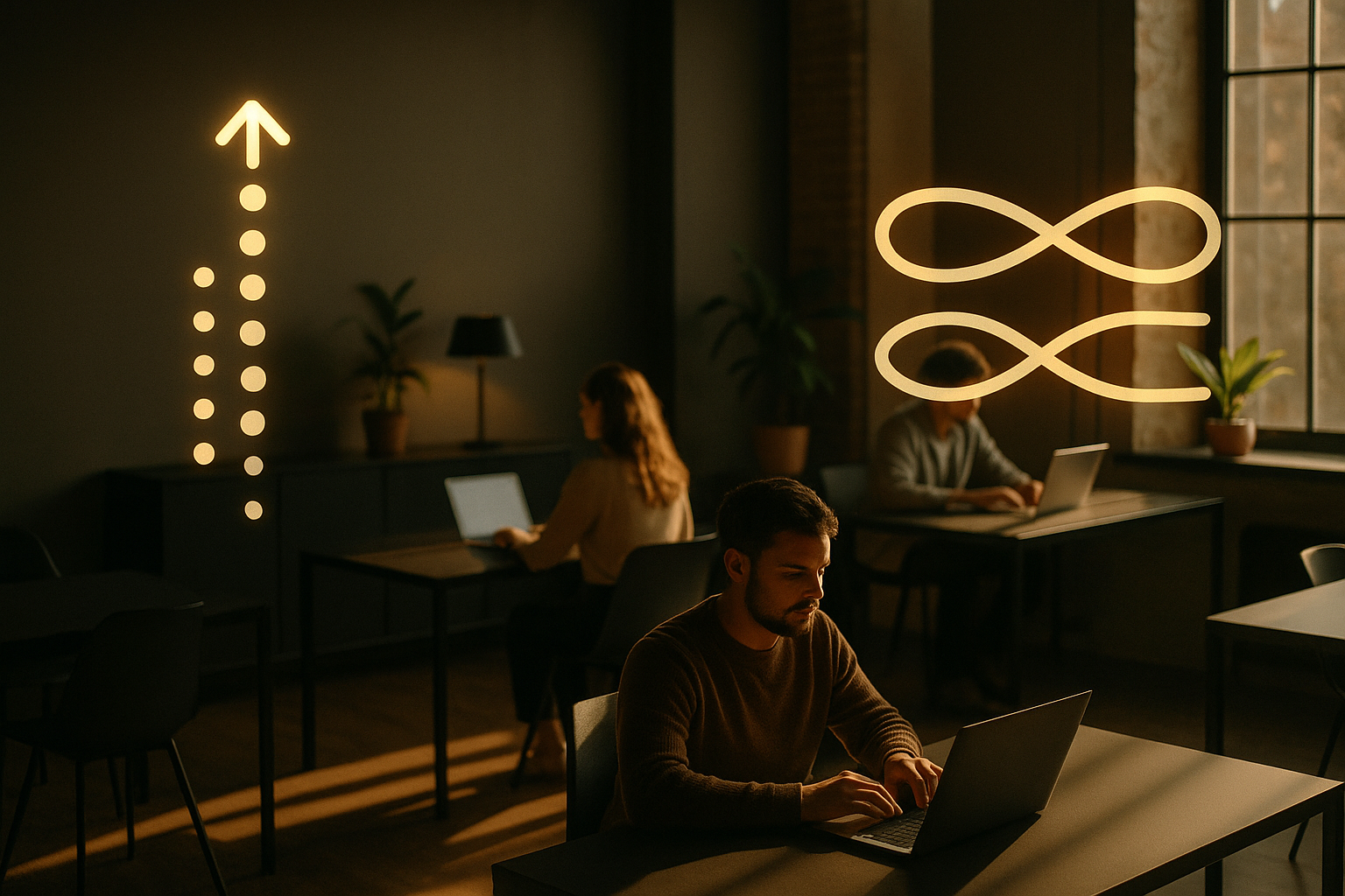 Candid loft scene with abstract symbols of flow and engagement amidst warm, minimalist decor.