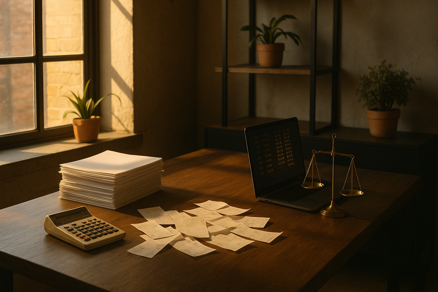 Candid loft scene with calculator, receipts, laptop, and balance scale in warm afternoon light.