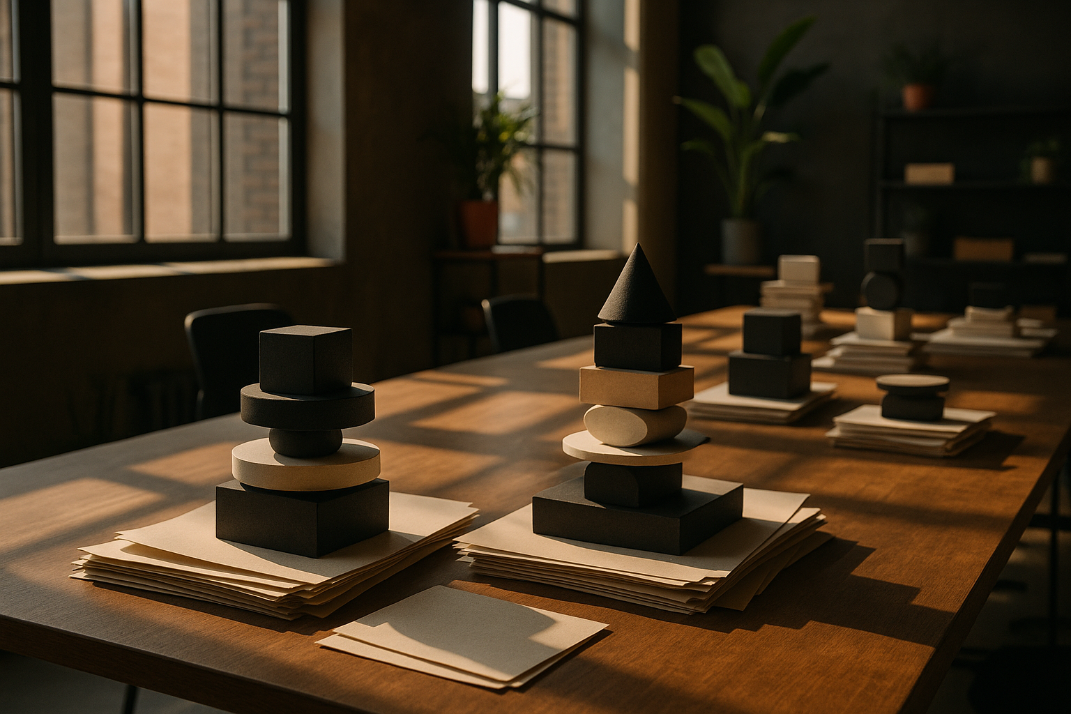 Candid loft scene with geometric shapes, paper sheets, and strategic visual depth.