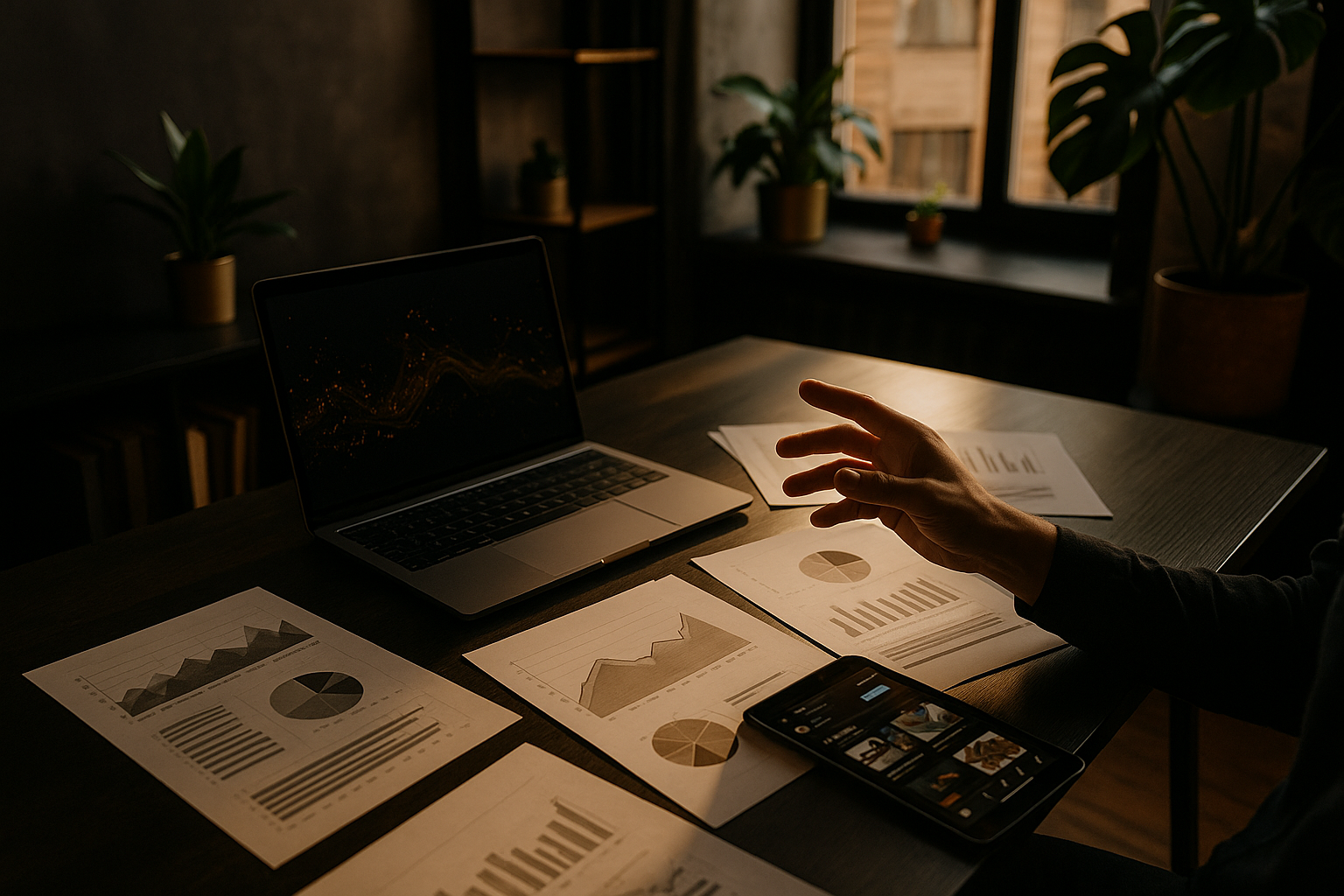 Candid loft scene with laptop, tablet, printouts, and hand analyzing data and social media.