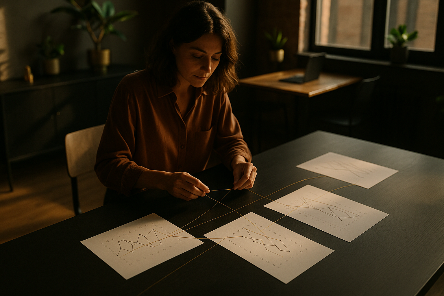 Candid loft scene with papers, golden threads, plants, warm lighting, and modern decor.