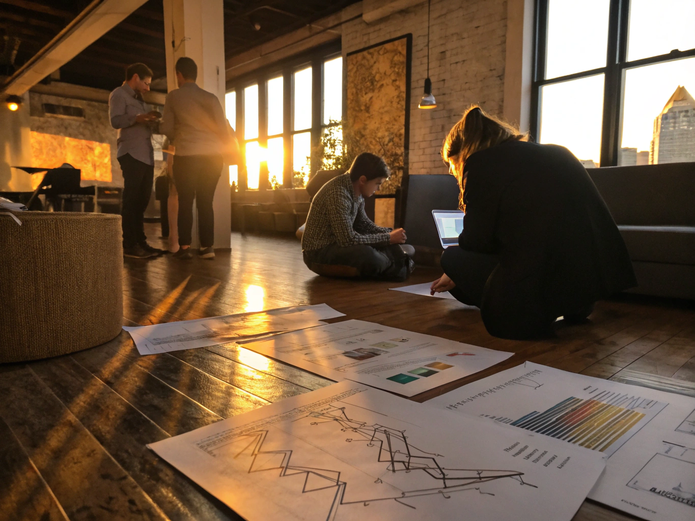 Candid loft scene with people analyzing data graphs and abstract maps in warm, golden light.
