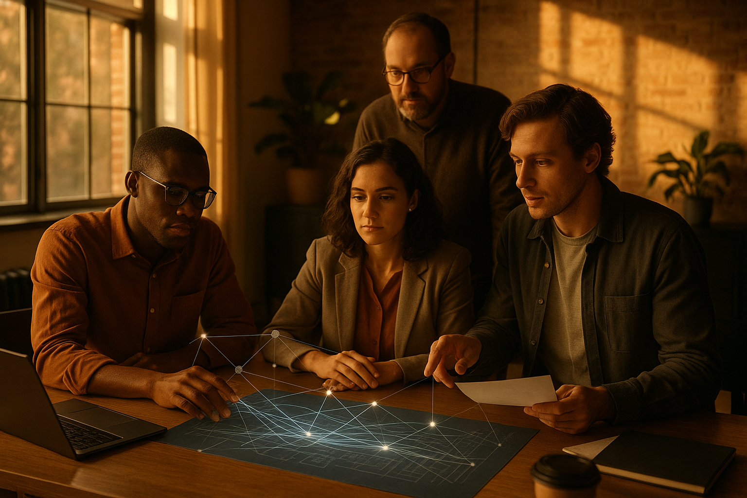 Candid loft scene with professionals collaborating over digital blueprints and glowing data streams.