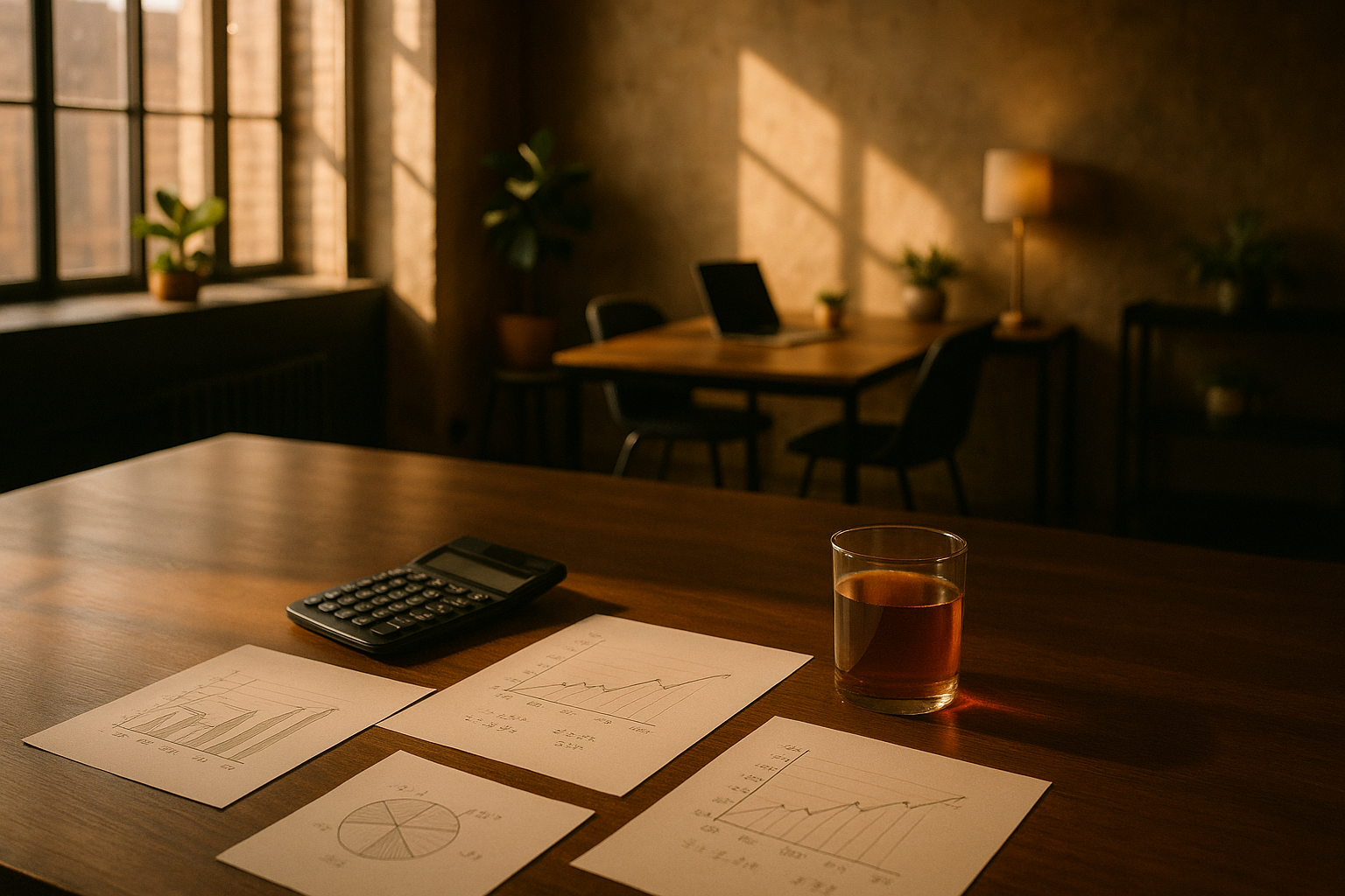 Candid loft workspace with papers, calculator, and tea under warm, natural afternoon light.