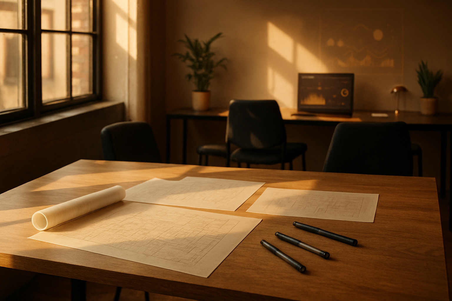 Candid scene of a modern loft with a desk, graph paper, pens, and faint data visualizations.