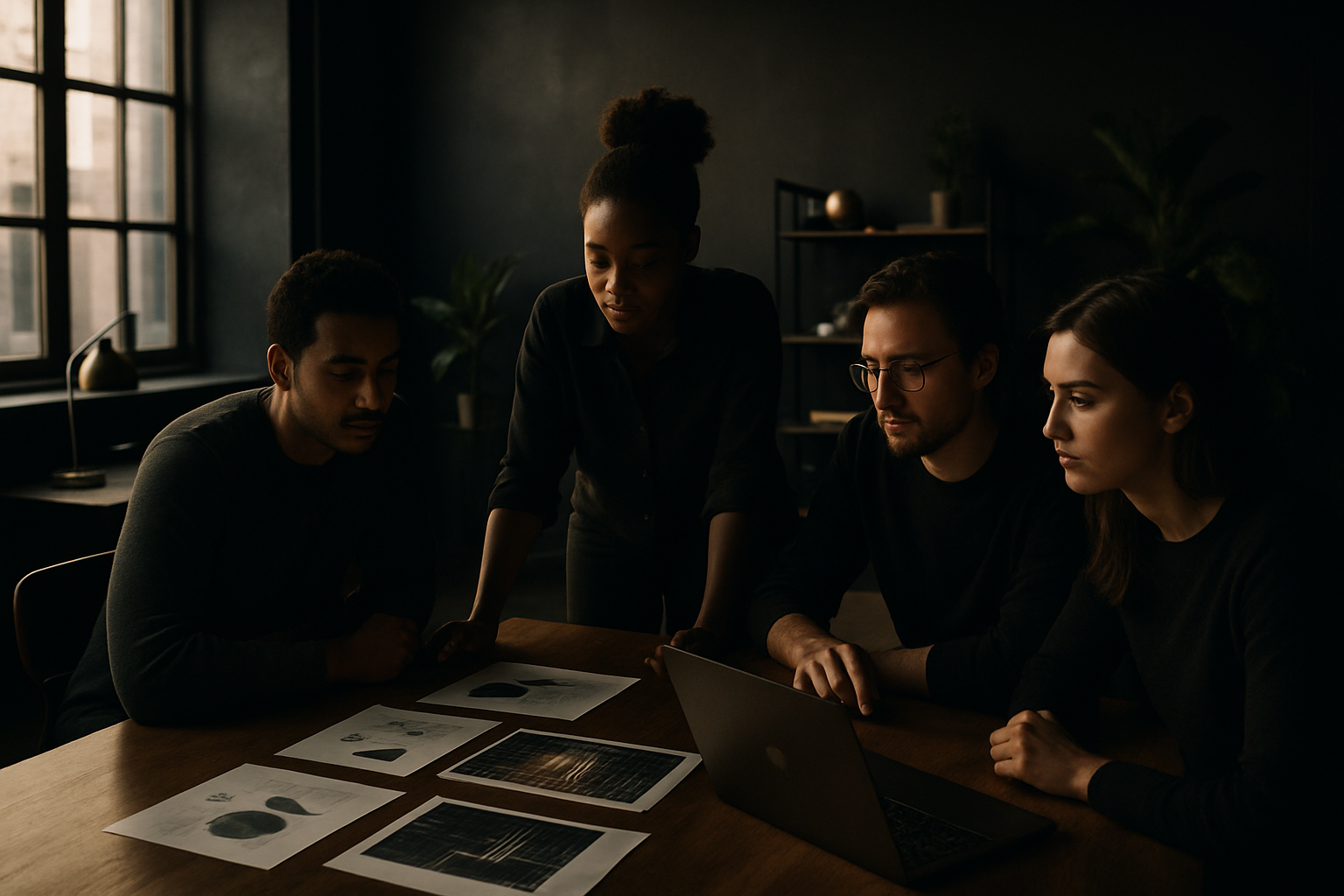 Candid workspace with focused people, abstract charts, digital grids in modern loft setting.