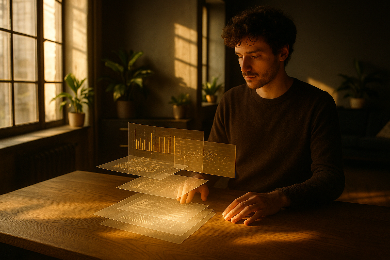 Contemplative person interacting with floating digital grids in modern loft illuminated by warm afternoon light.