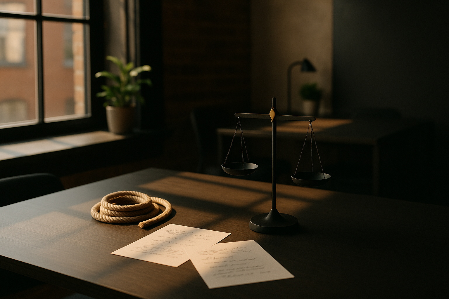Contemplative workspace with balance scale, coiled rope, and notes in warm, modern loft setting.