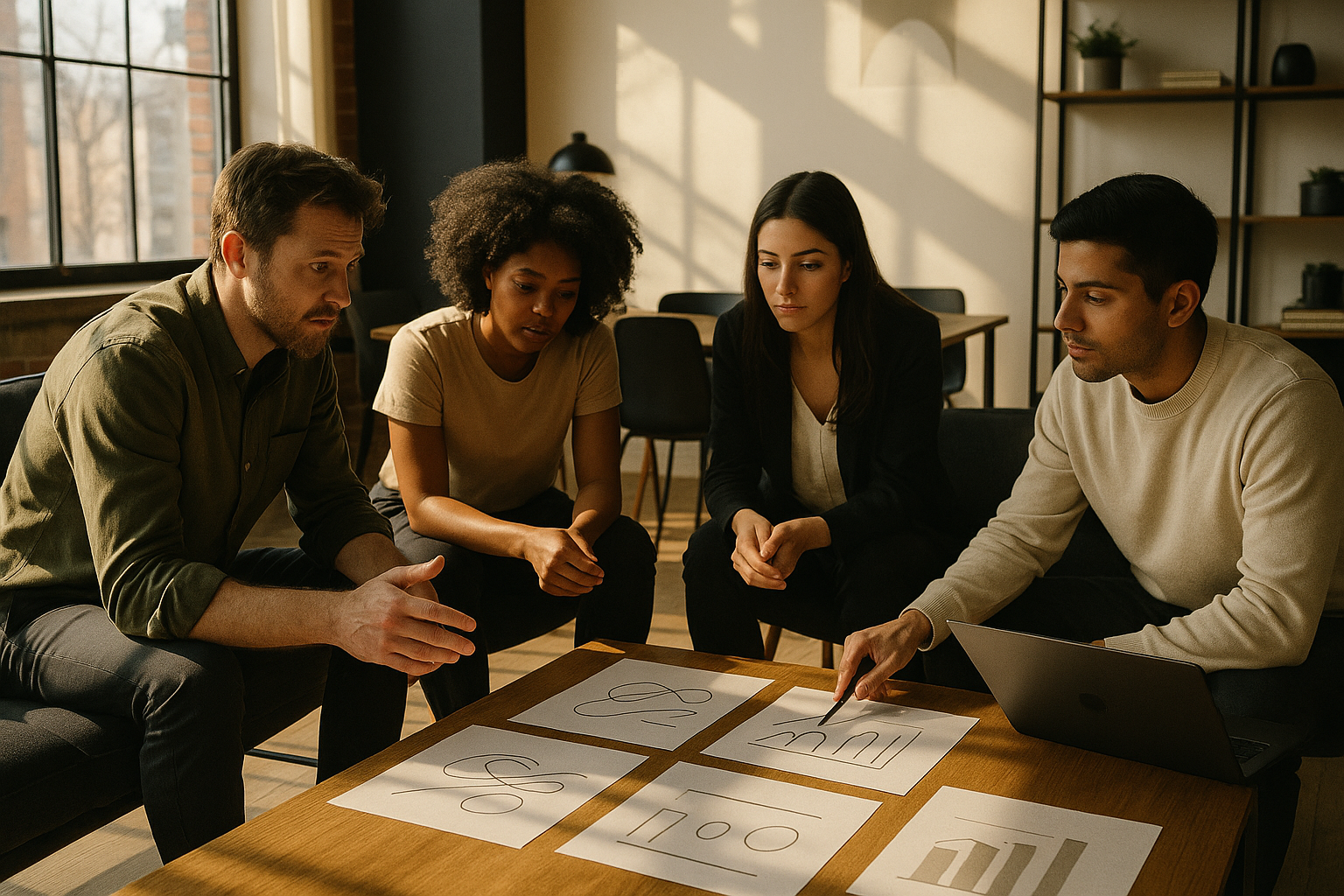 Diverse group discussing papers in a modern loft with warm light and abstract flow symbols.