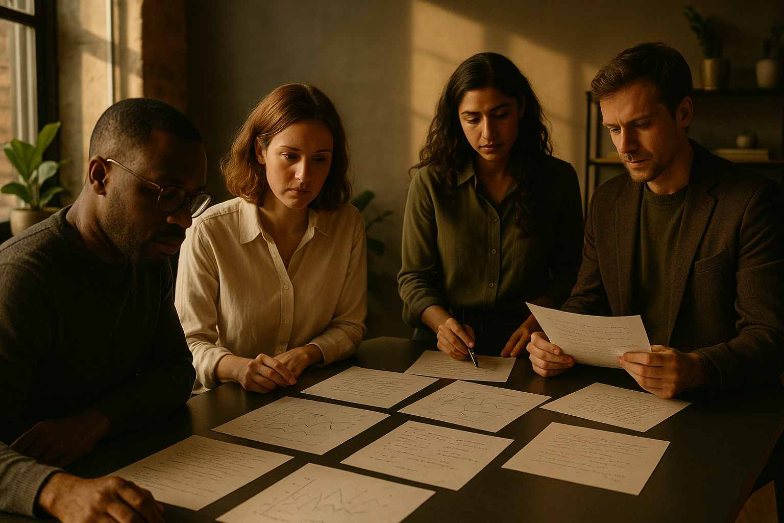 Diverse professionals analyzing notes and charts in a modern, warmly lit co-working loft.
