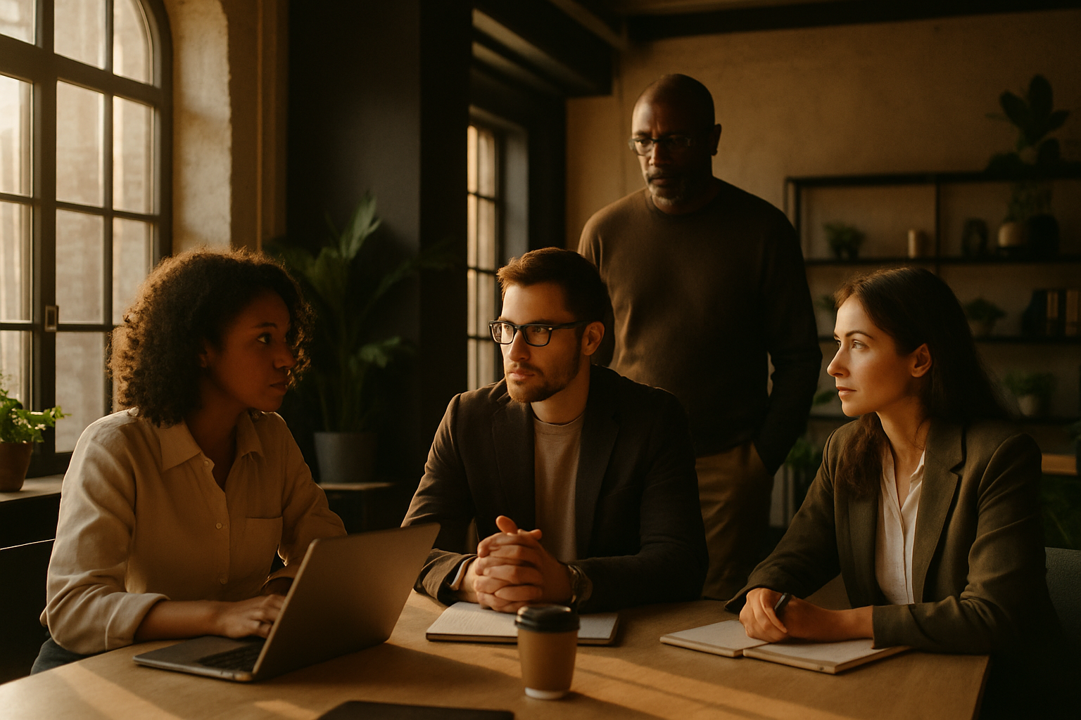 Diverse professionals in a modern loft discussing amid warm, natural light and stylish decor.