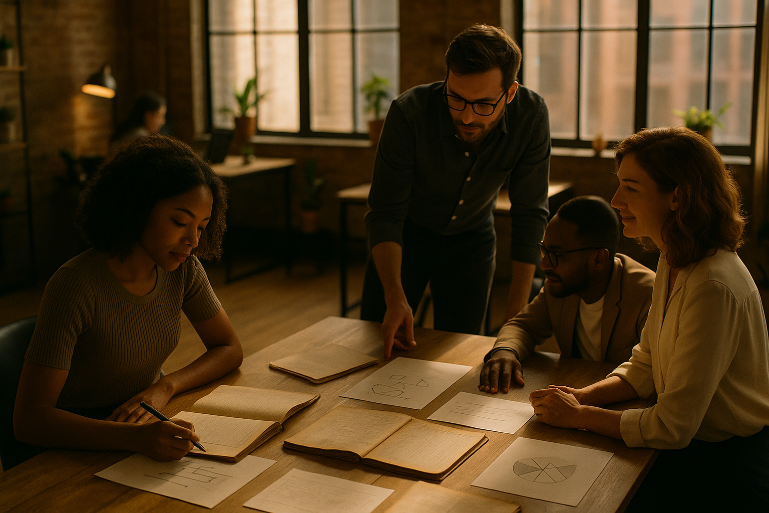Diverse professionals in a modern loft discussing notes and charts with warm afternoon light.