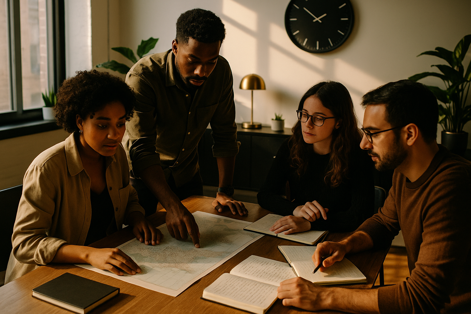Diverse team collaborating around a table with maps, notebooks, and a black wall clock in a modern loft.