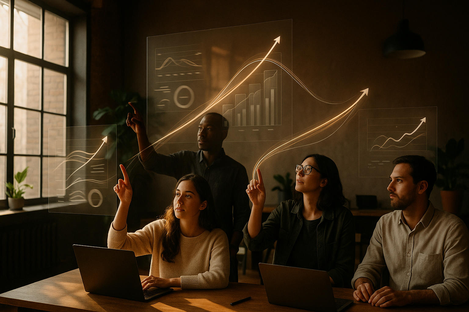 Focused group in modern loft engaging with transparent screens and flowing light trails.