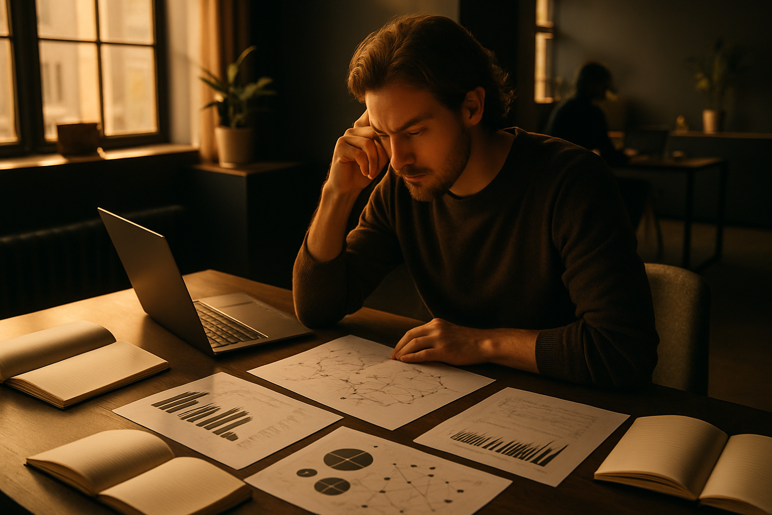 Focused individual analyzing data and charts in a modern, minimalist co-working loft.