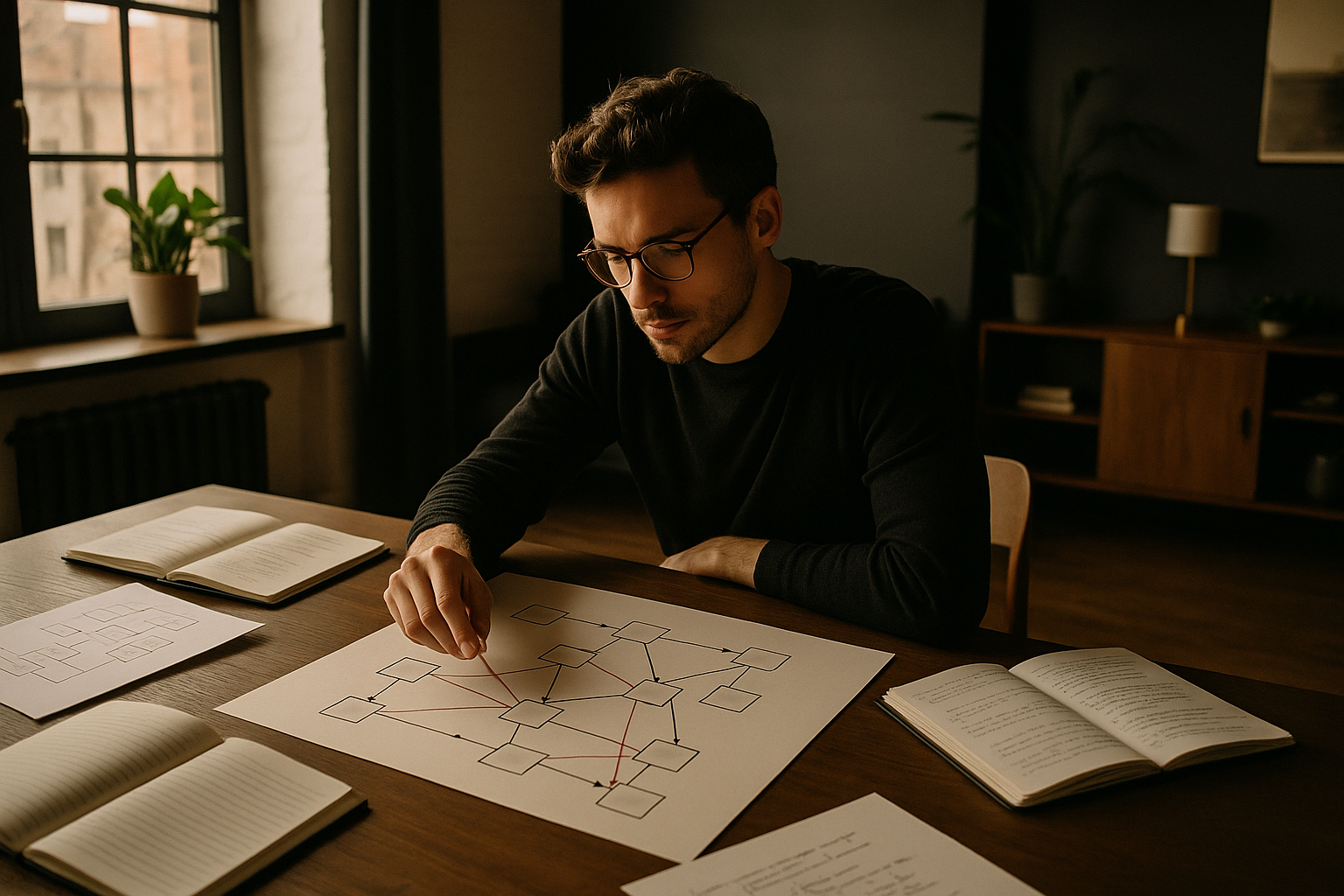 Focused individual analyzing notebooks and flowcharts in a modern loft workspace.