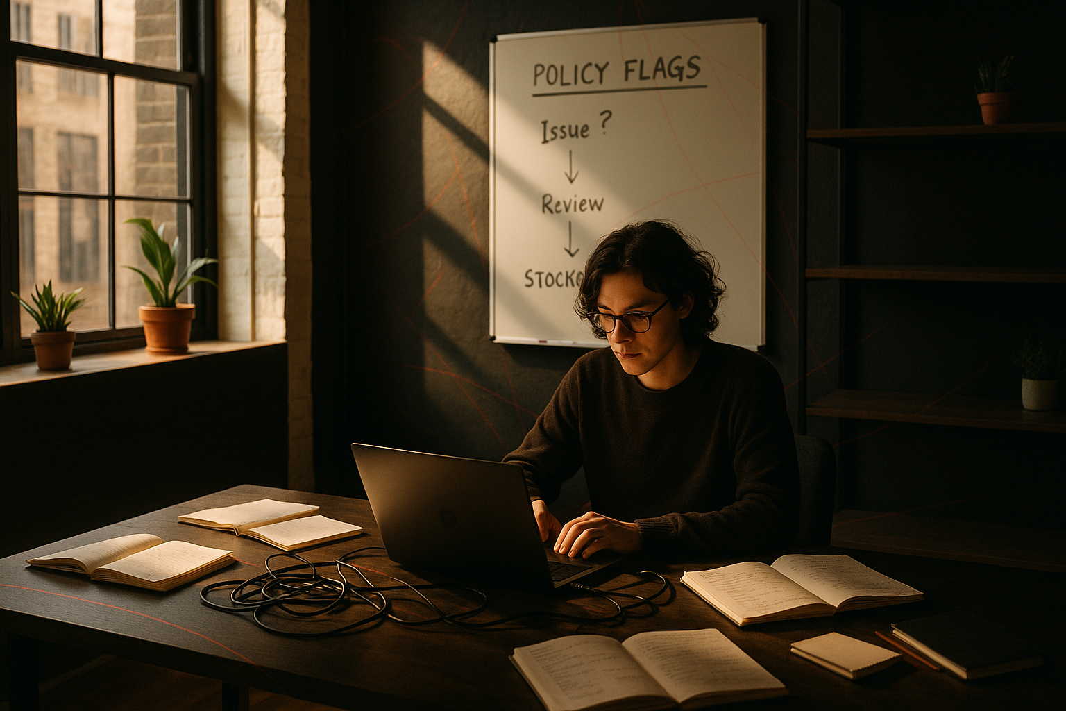 Focused individual at sleek desk amid notebooks, cords, whiteboard, shelves, and colorful threads.