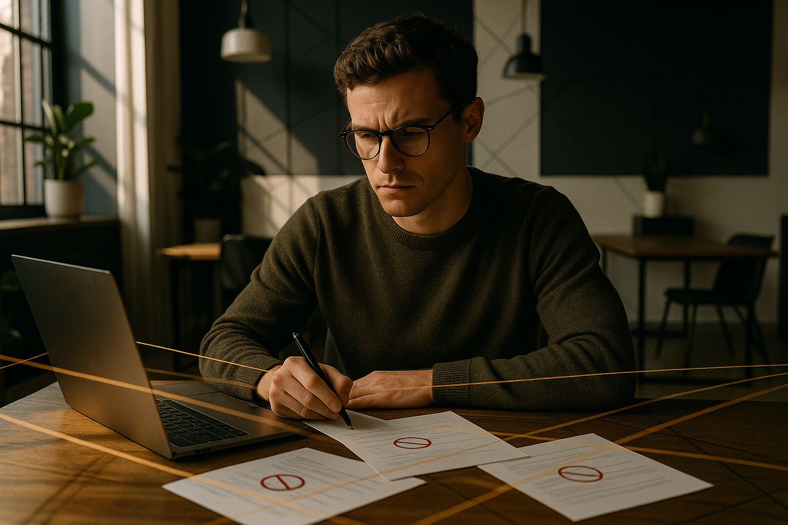Focused individual in modern loft with symbolic gold threads, warning papers, and shadow lines.