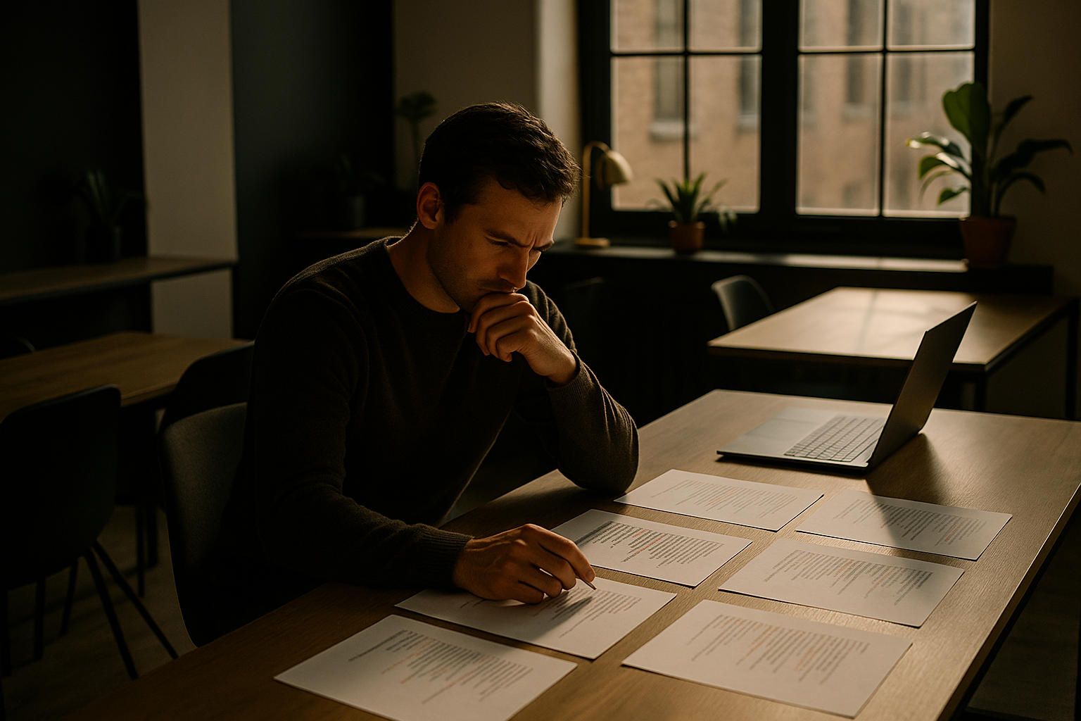 Focused individual reviewing papers amid a modern loft workspace with warm lighting and subtle accents.