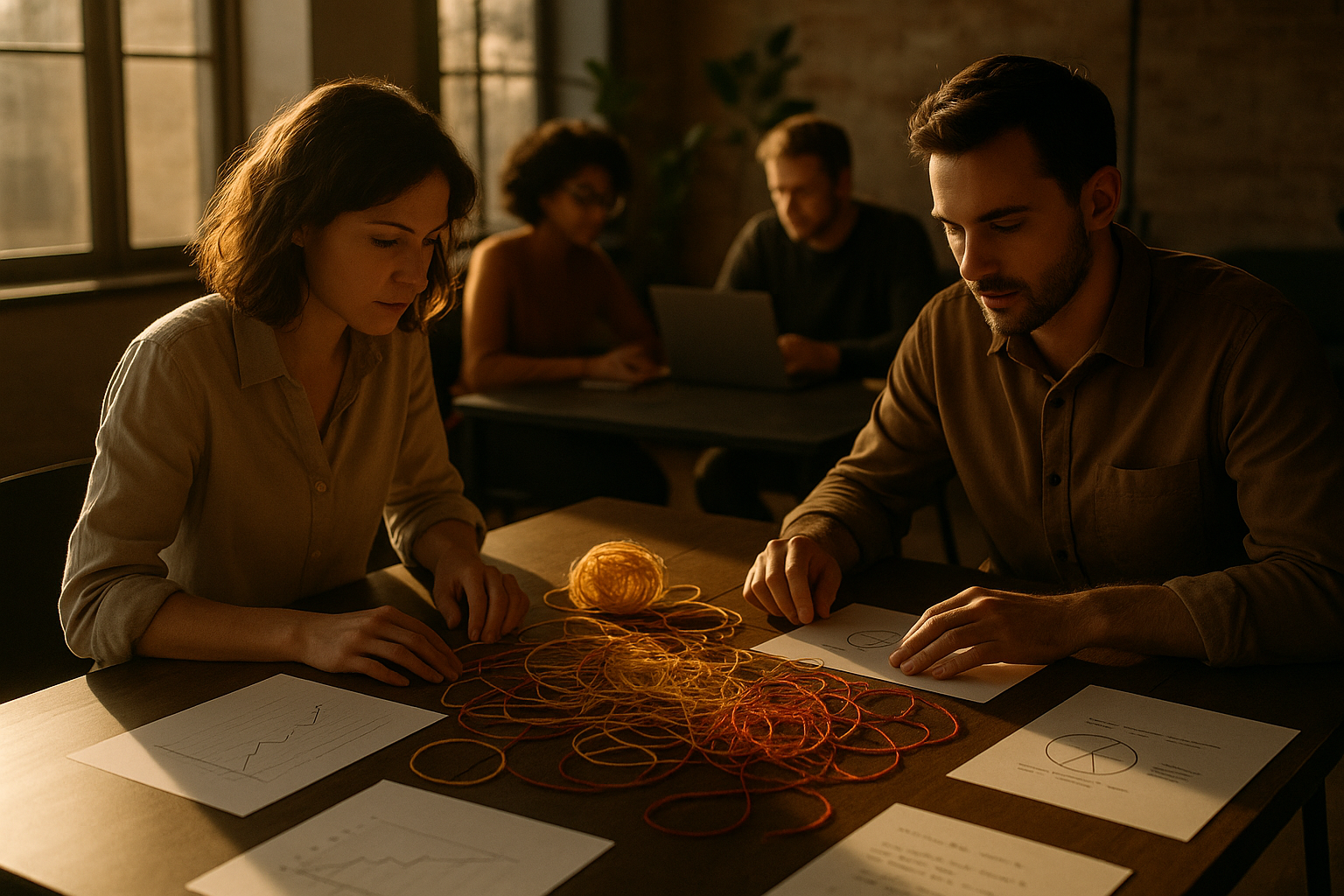 Focused individuals around a table with tangled golden and red yarn, charts, and notes in a modern loft.