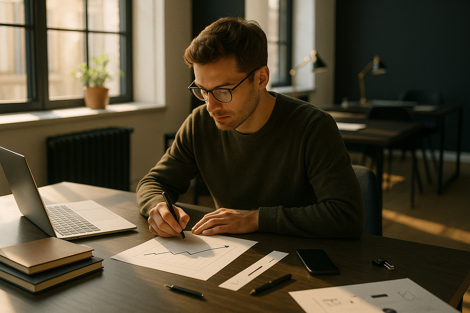 Focused individuals in a modern loft with notebooks, charts, and growth symbols in warm light.
