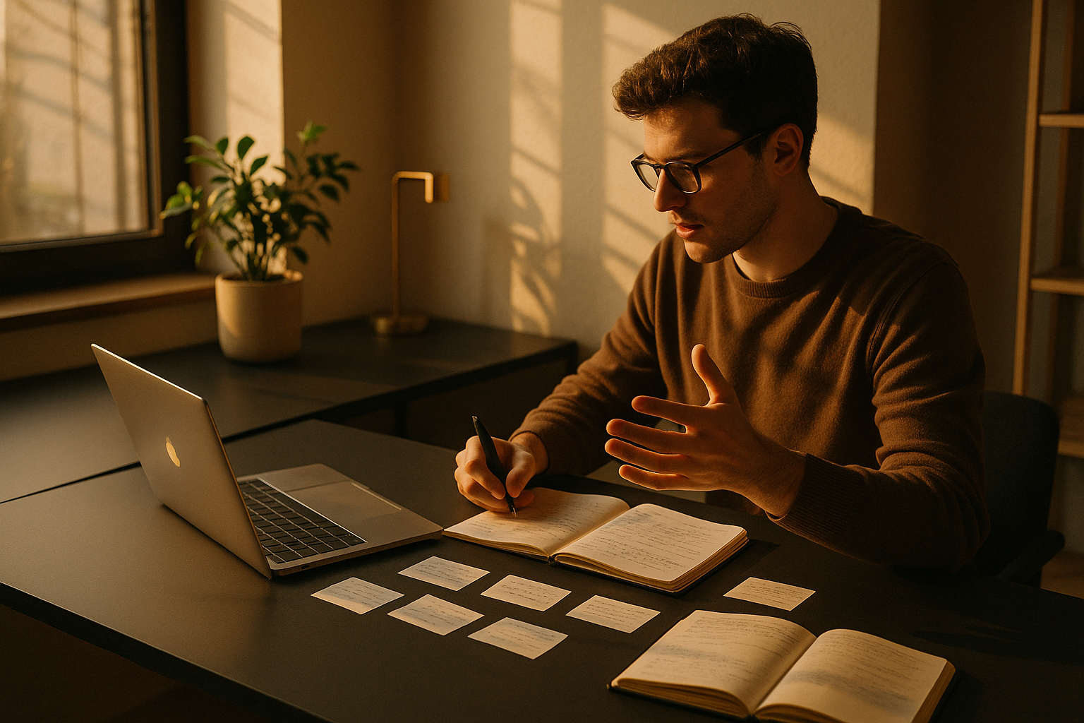 Focused person gesturing in modern home office with notebooks, notes, laptop, and plant.