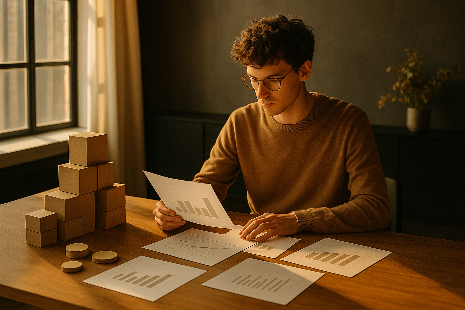 Focused person studying papers and graphs in a modern loft with warm, earthy tones.