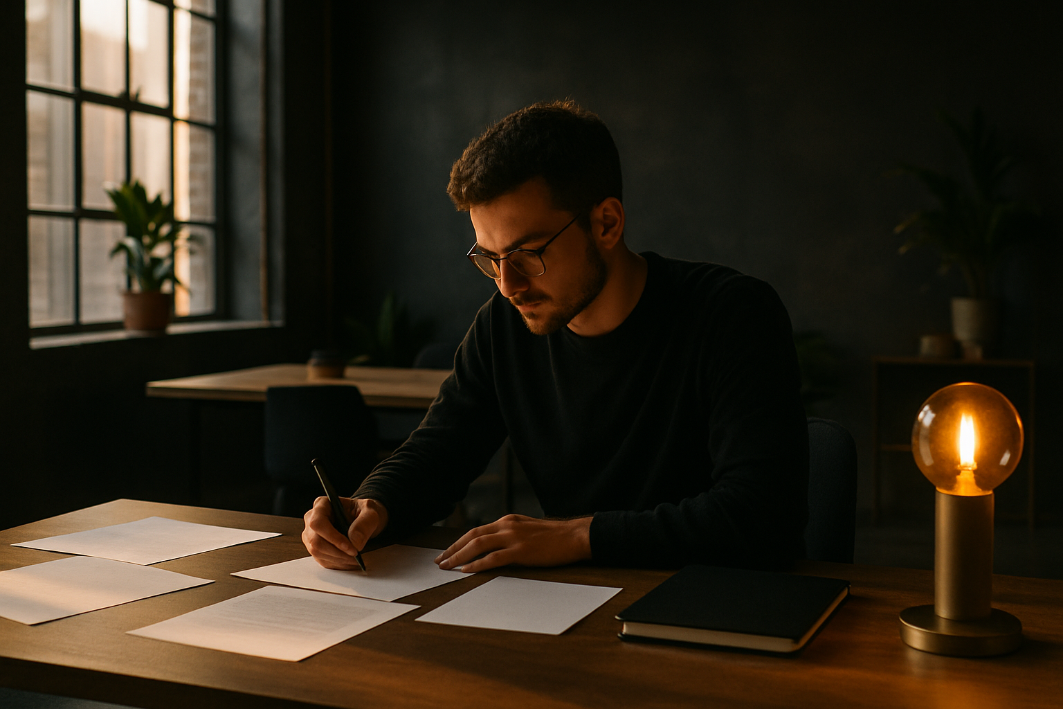 Focused person working at minimalist desk in modern loft with warm lighting and earthy tones.