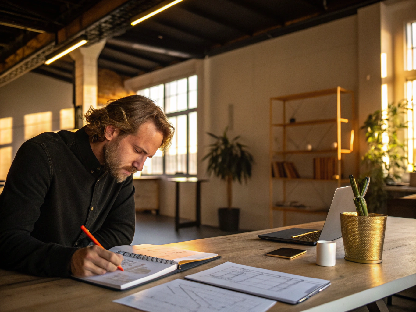 Focused professional in a modern loft workspace with notebooks, a graph, and a red-orange marker.