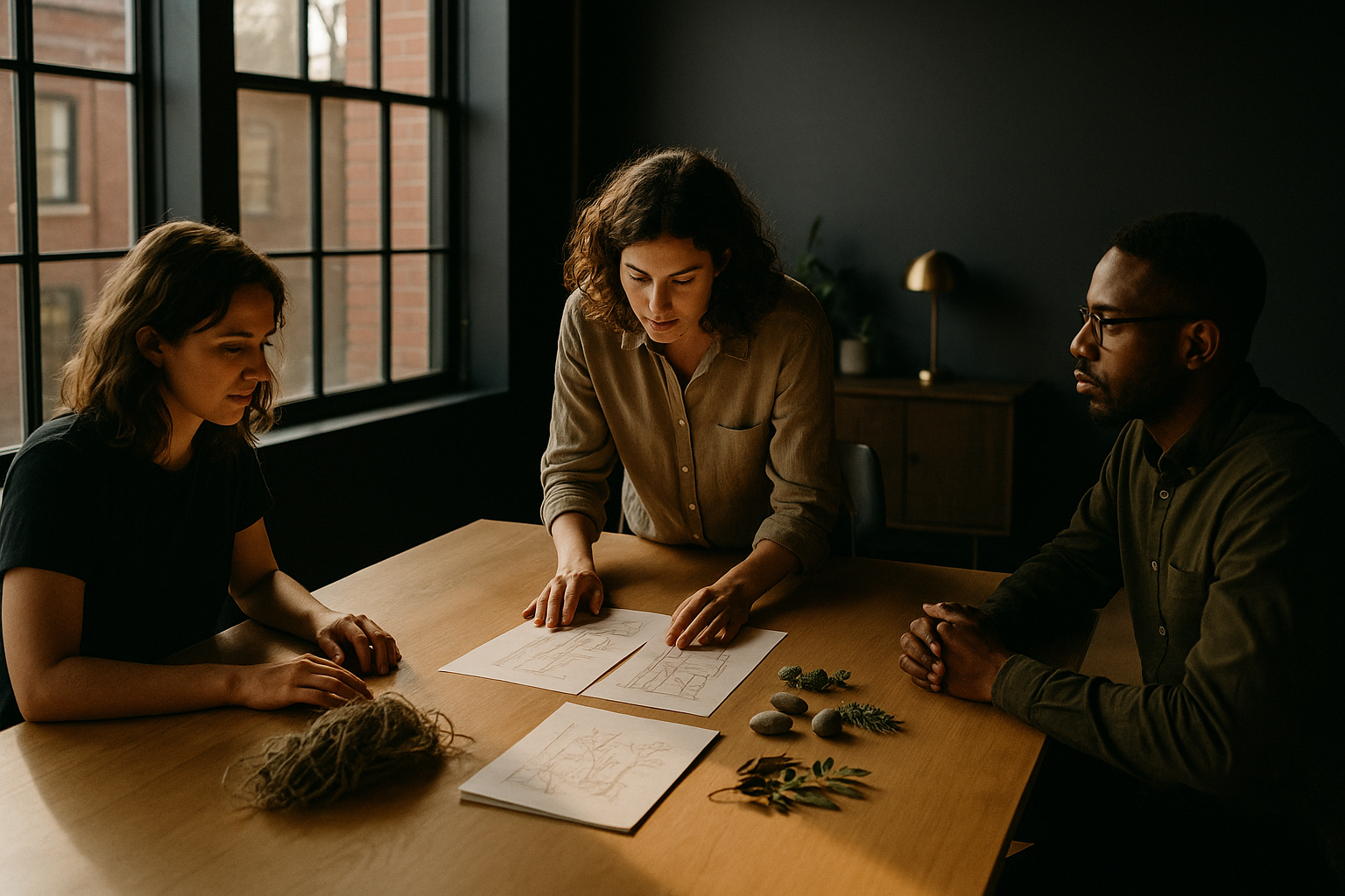 Group analyzing fibers, sketches, and natural elements in modern co-working loft with warm light.