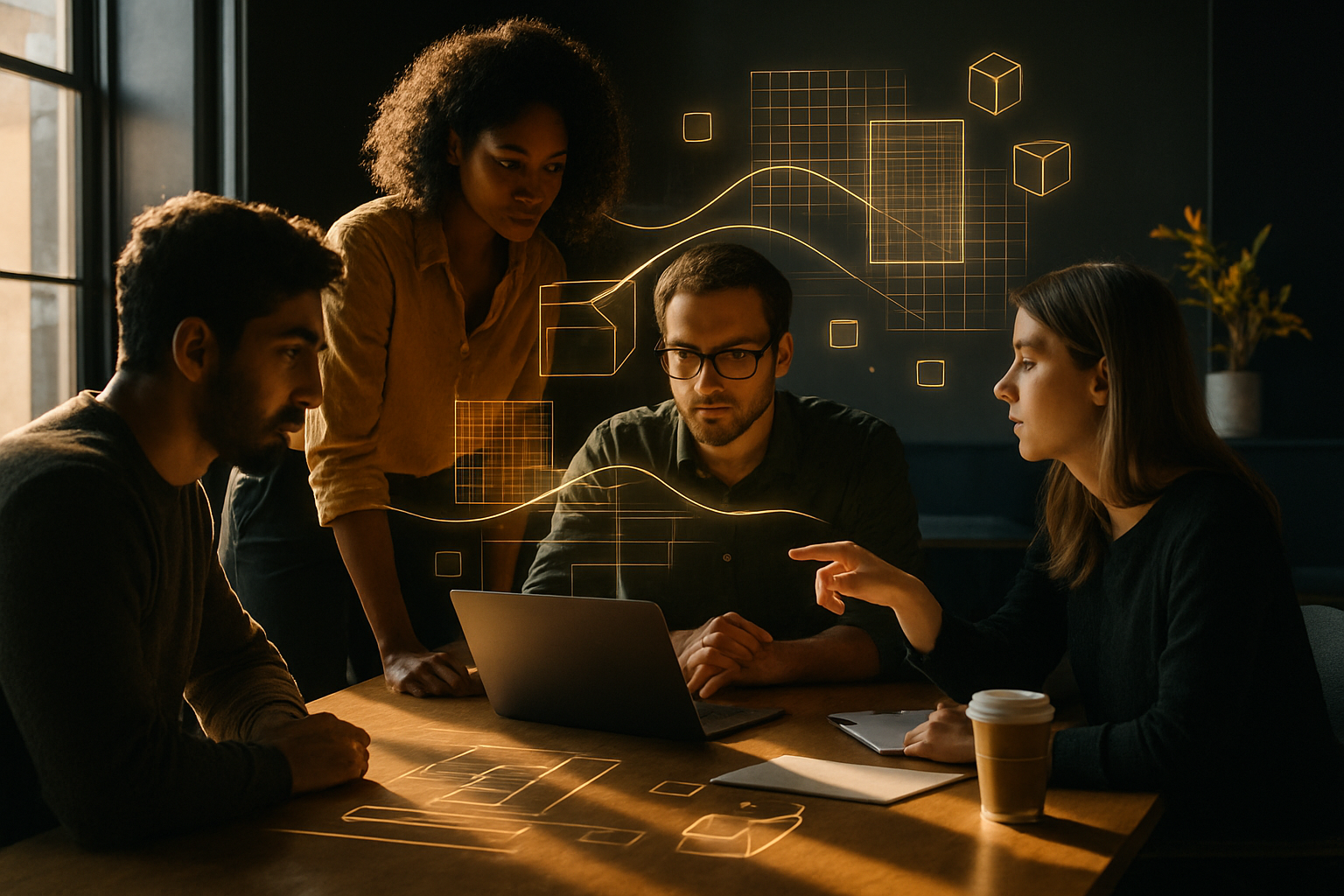 Group collaborating in modern loft with data flow symbols and warm natural lighting.
