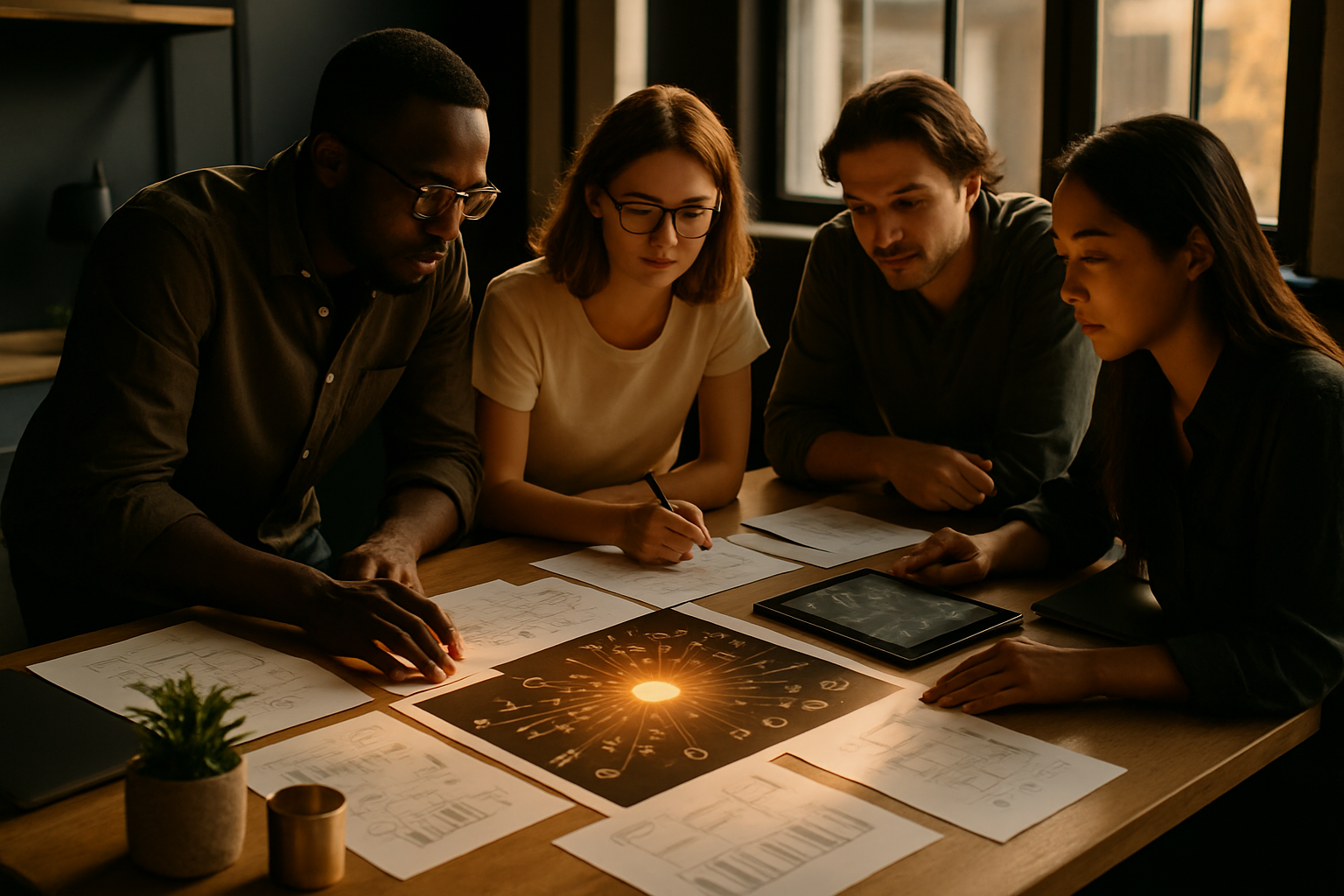 Group collaborating over charts and tablets in modern co-working loft with warm lighting.