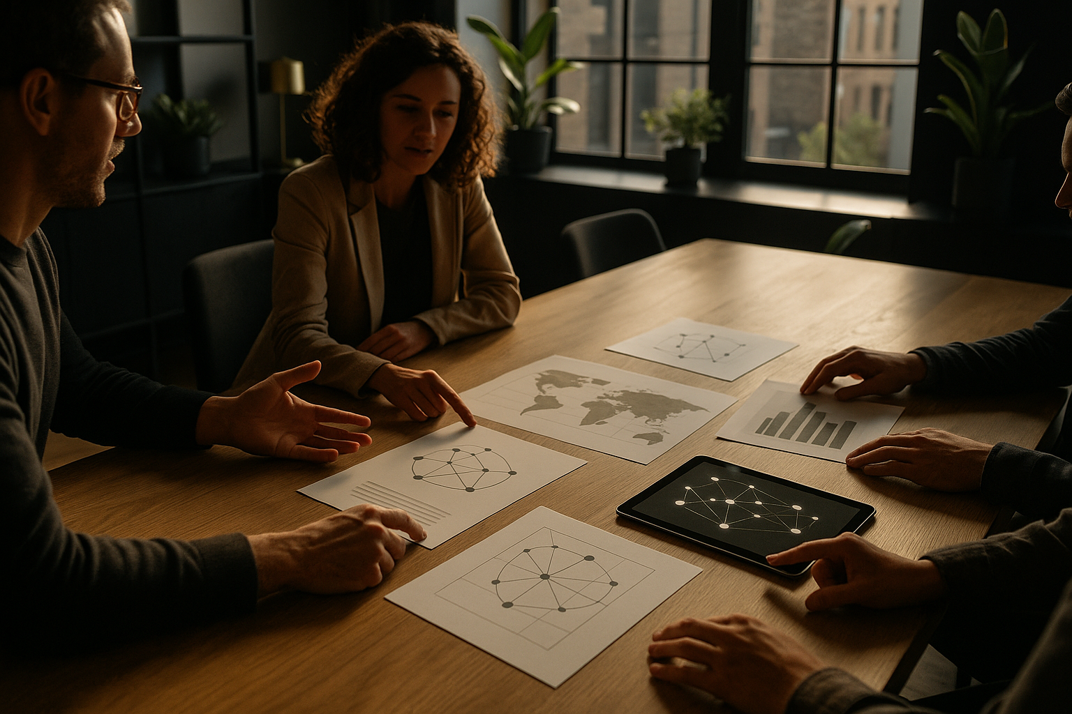 Group discussing maps and tablets in modern, well-lit co-working loft with plants and sleek decor.