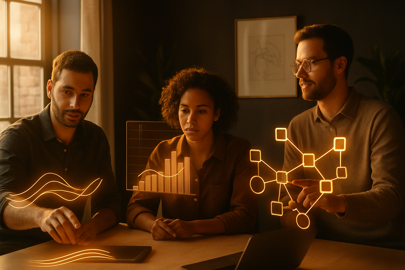 Group of focused individuals analyzing abstract data streams and geometric network visuals in a modern loft.